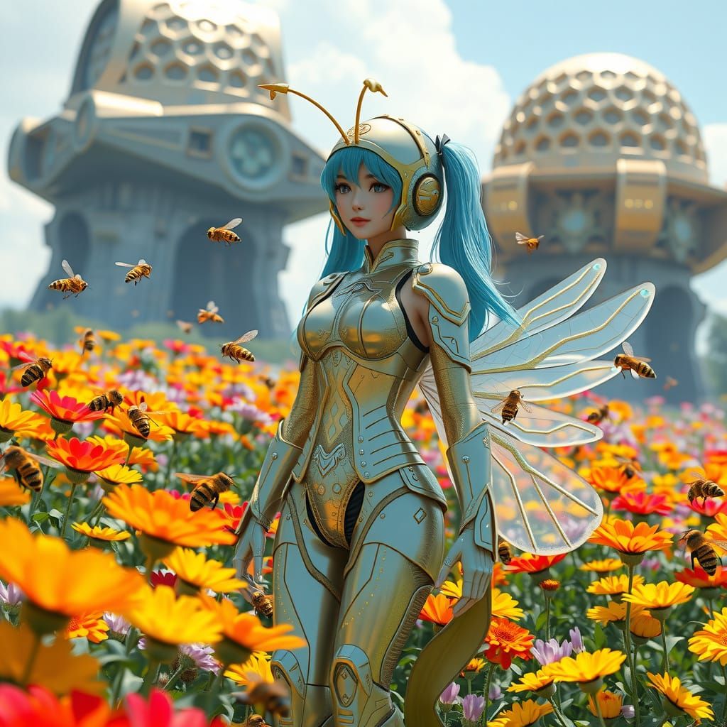Futuristic Queen Bee in a Vibrant Floral Landscape