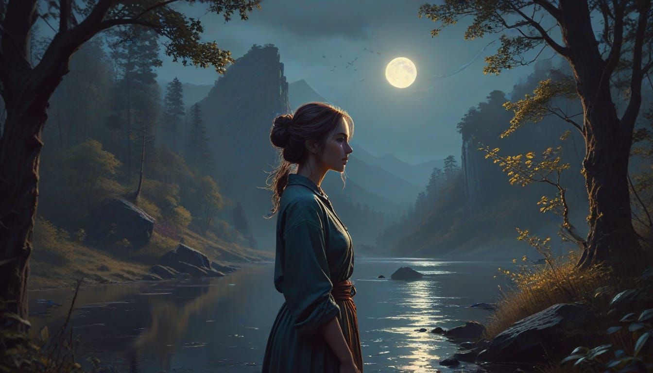 Whimsical Poetess Under Full Moon Illumination