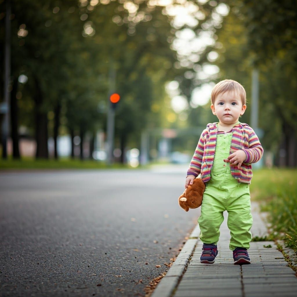 Child Cautiously Steps Off Curb into Shallow Depth of Field ...