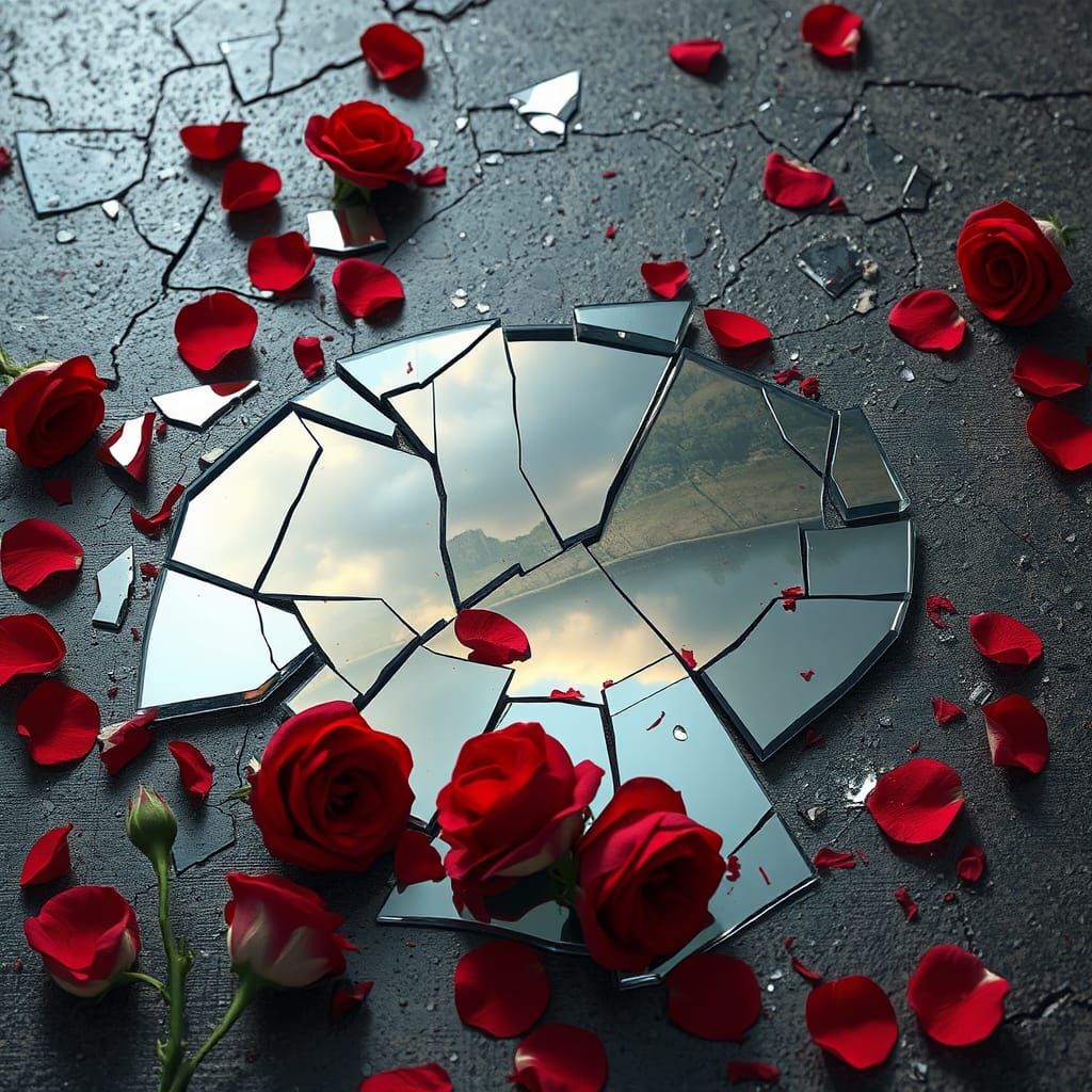 Shattered Mirror Reflects Dreamy Landscape in 8k