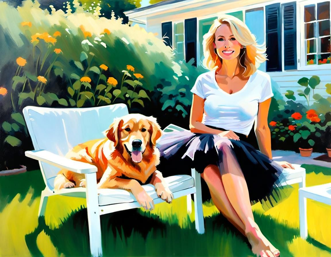 Woman and Dog in Sunny Garden, Oil Painting