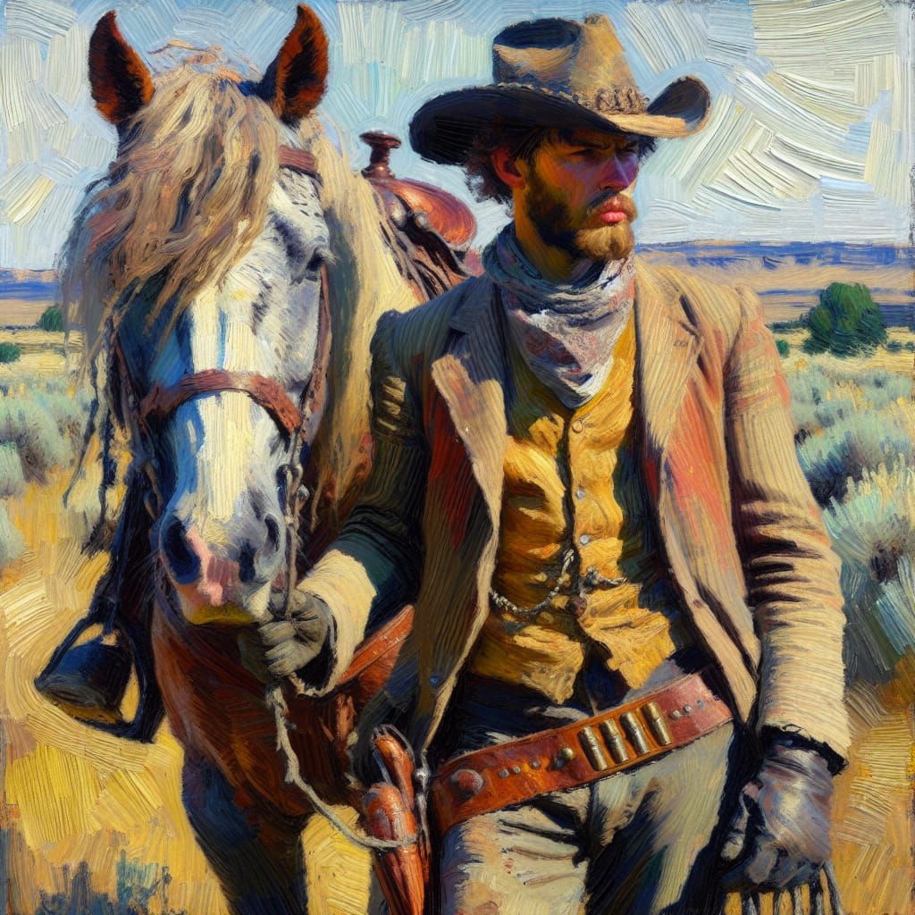 Cowboy and Horse in Post-Impressionistic Impasto Style