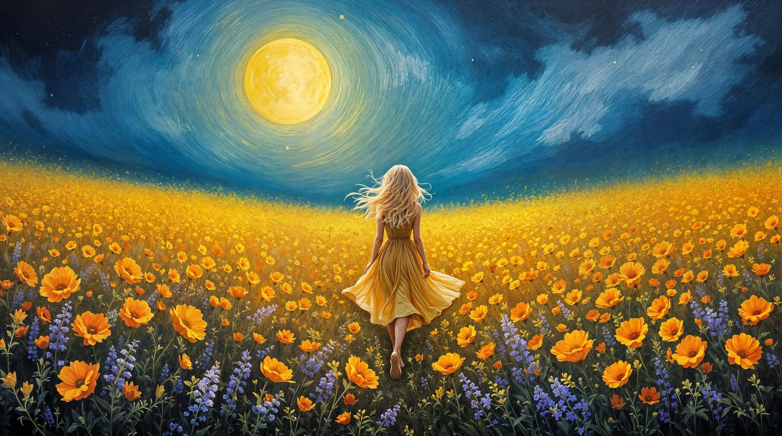 Dreamlike Moonlit Wildflower Landscape in Vibrant Impression...