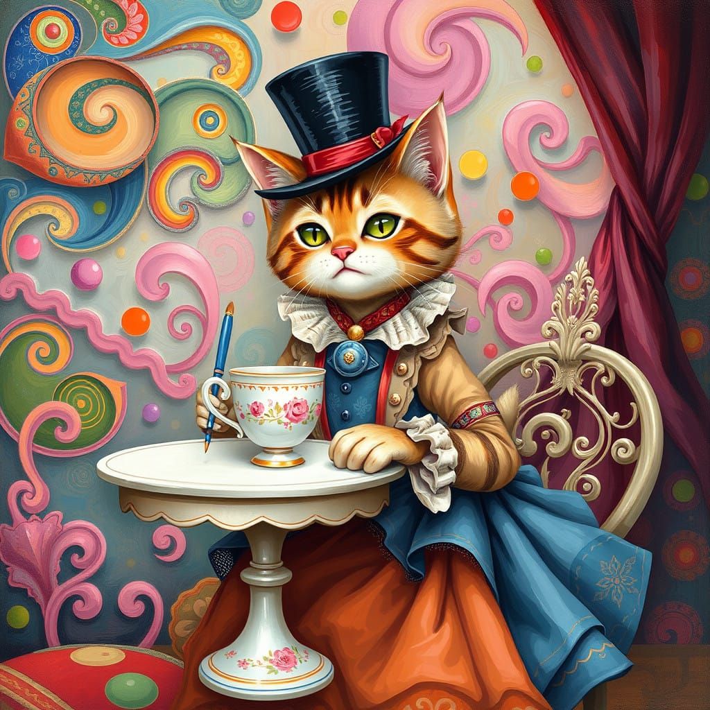 Whimsical Cat Enjoys Tea and Art in a Fantastical Victorian...