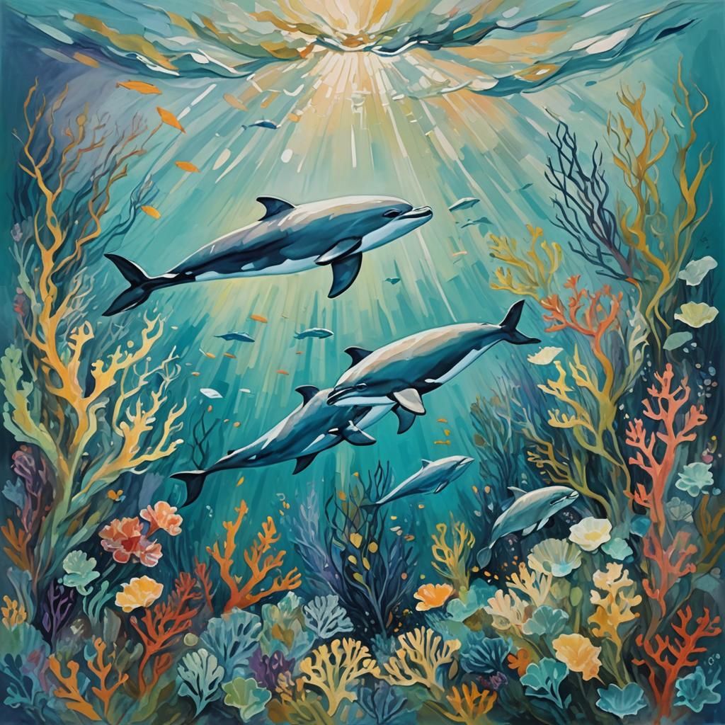 Porpoises in Shimmering Depths as Impasto Gouache