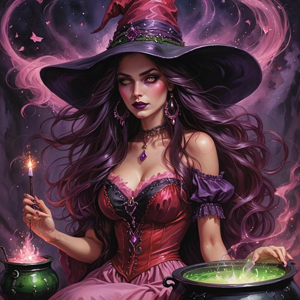 Woman with Flowing Red Hair and Magic Cauldron