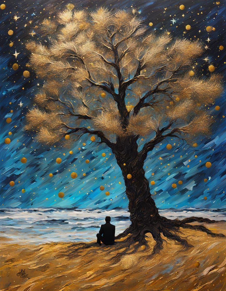Surreal Beach Scene with Golden Stars in Impasto Style