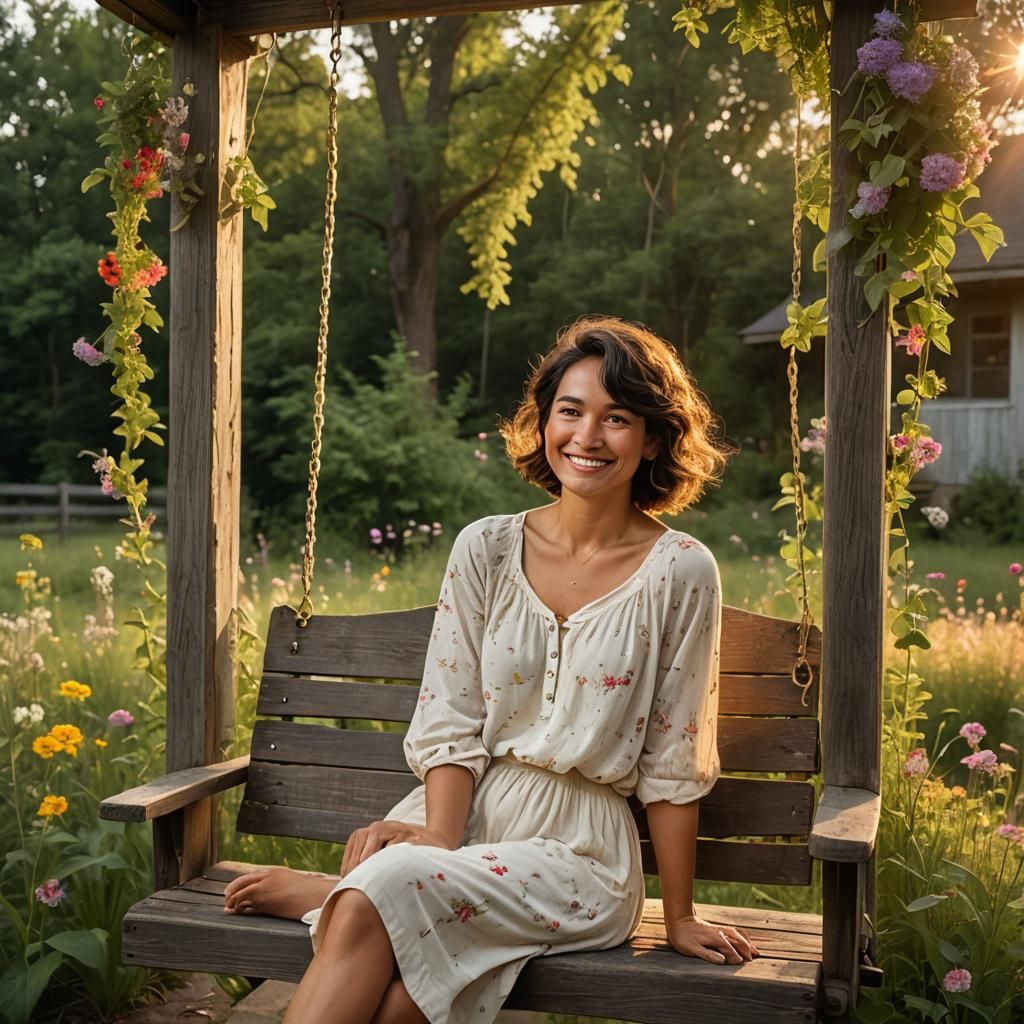 Woman in Overalls on Farmhouse Porch Swing