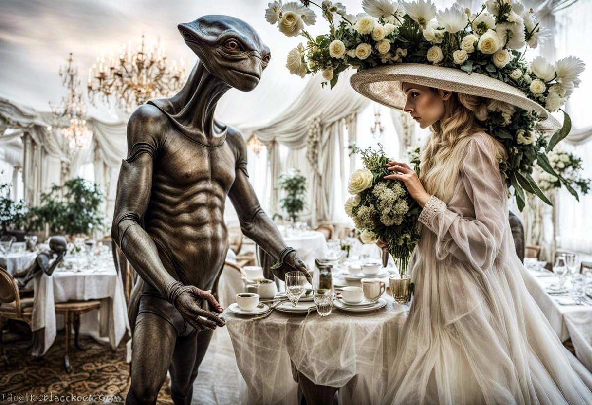 Surreal Restaurant Scene with Beautiful Aliens, Professional...