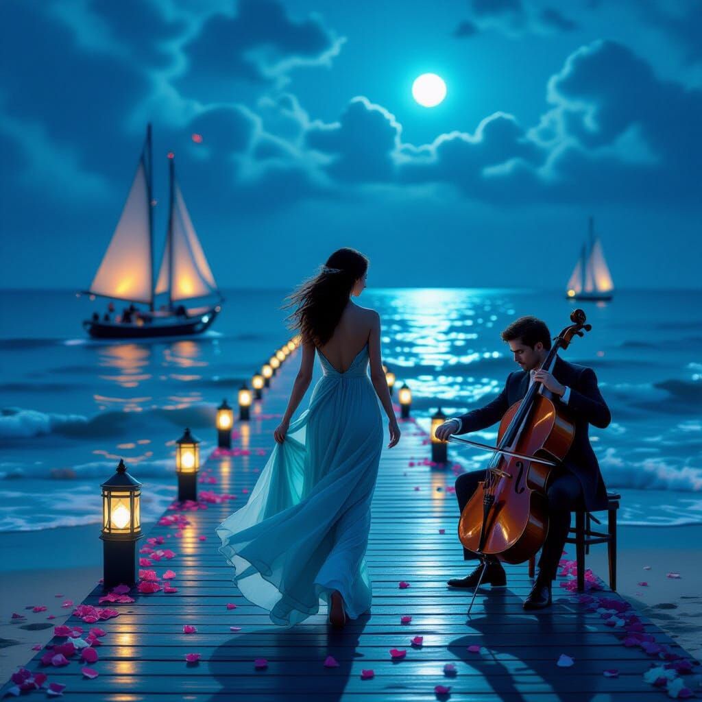 Woman by Glowing Ocean in Neo-Impressionist Style