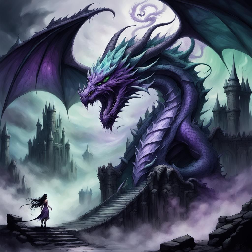 Evil Mist Dragon Stares at Elf: Dark Fantasy Art