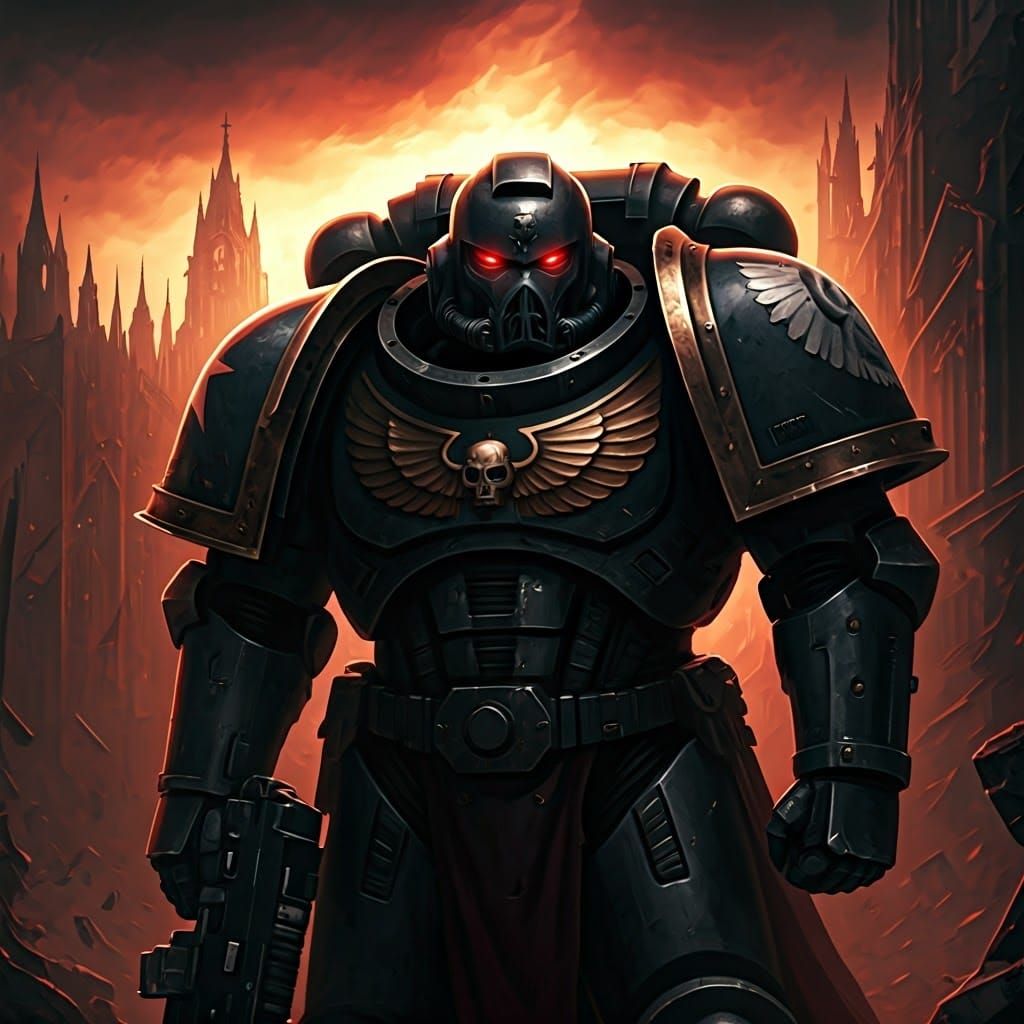 Grim Space Marine in War-Torn Cityscape