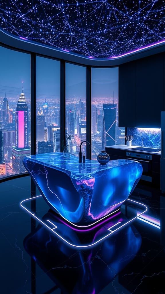 Cyberpunk Skyscraper Penthouse Kitchen with Iridescent Cryst...