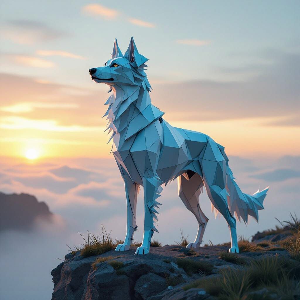 Metallic Cyan Dog on Misty Cliff in Digital Painting Style