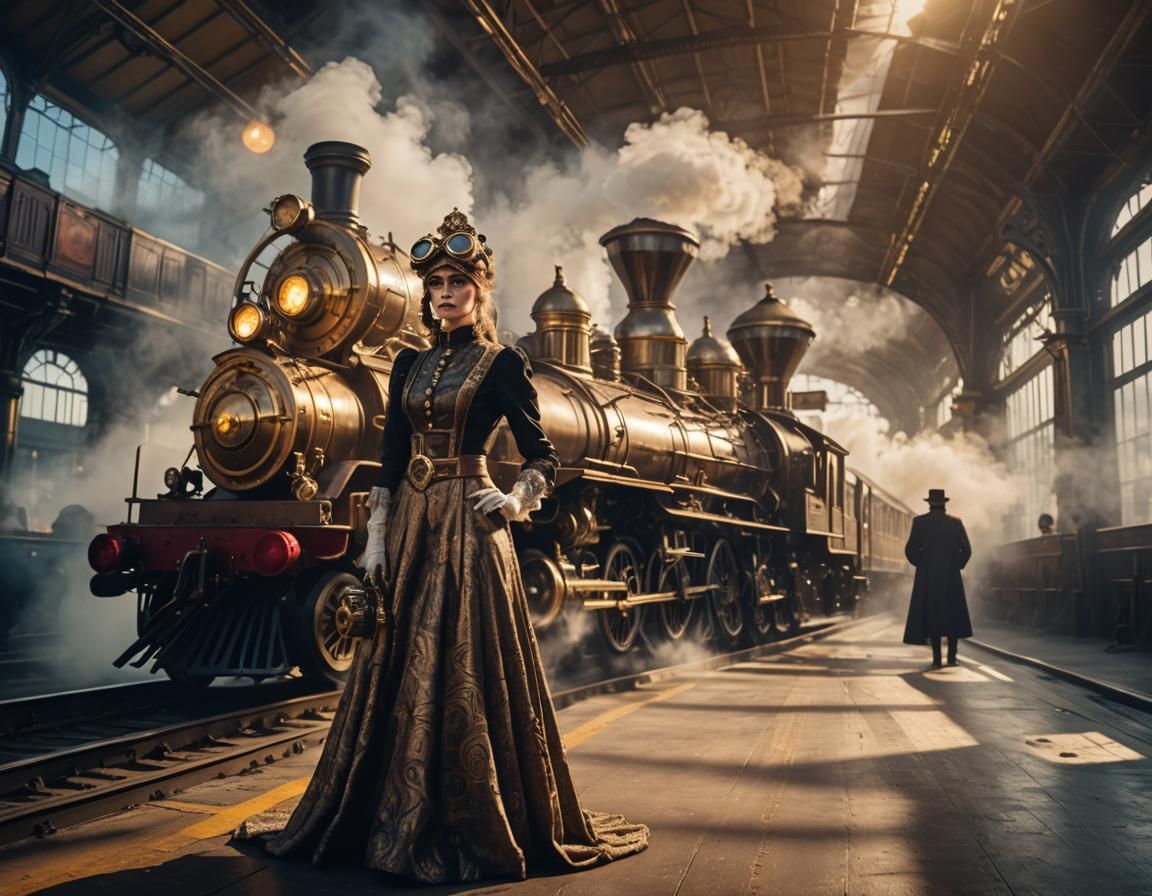 Steampunk Fantasy Woman at Mystical Train Station