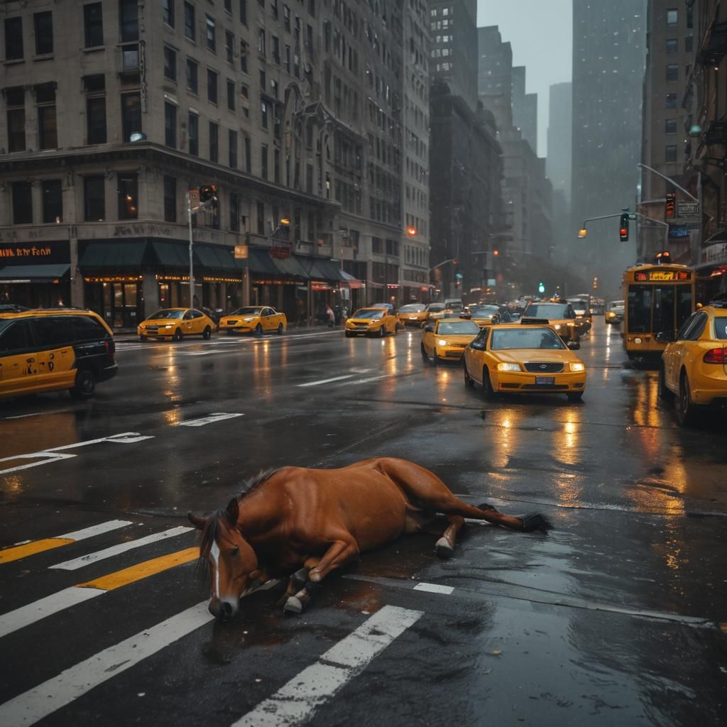 Horse Sleeping in Rainy New York City Street