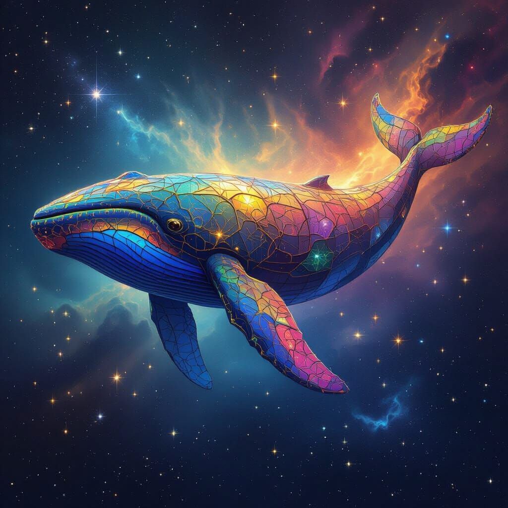 Cosmic Whale of Stained Glass Drifting Through Nebulae