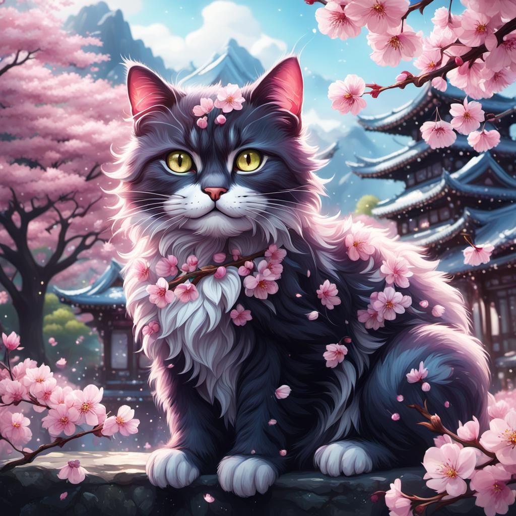 Crystal Cat Smiles in Cherry Blossom Double Exposure
