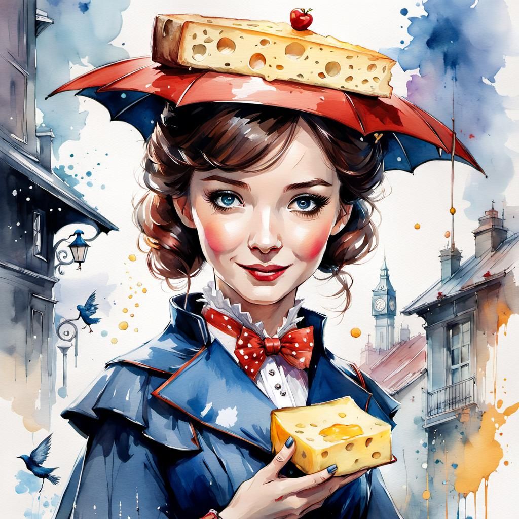 Mary Poppins Holding Cheese Watercolor Manga Illustration