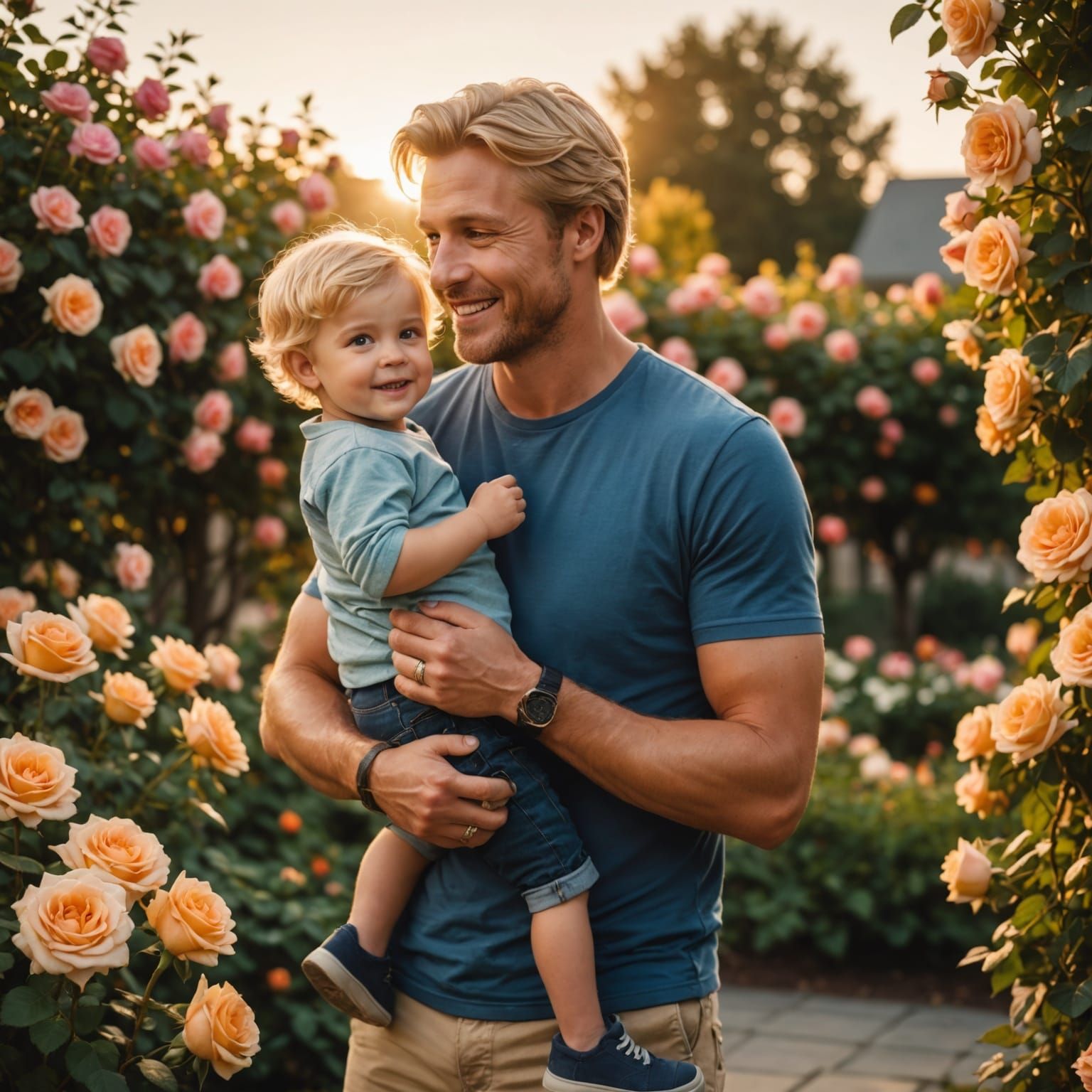Cheerful Father and Son in Golden Hour Rose Garden