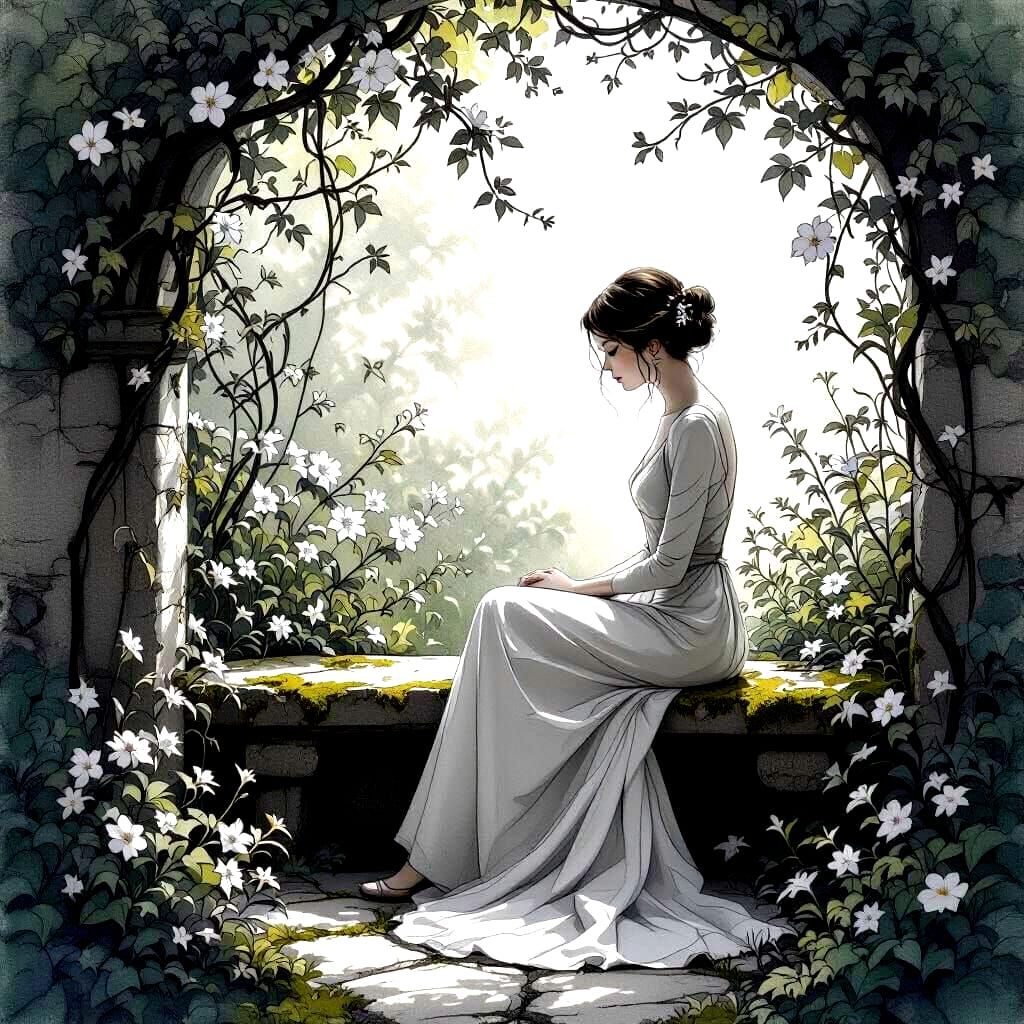 Solitary Lady in Enchanted Garden Fine Line Drawing