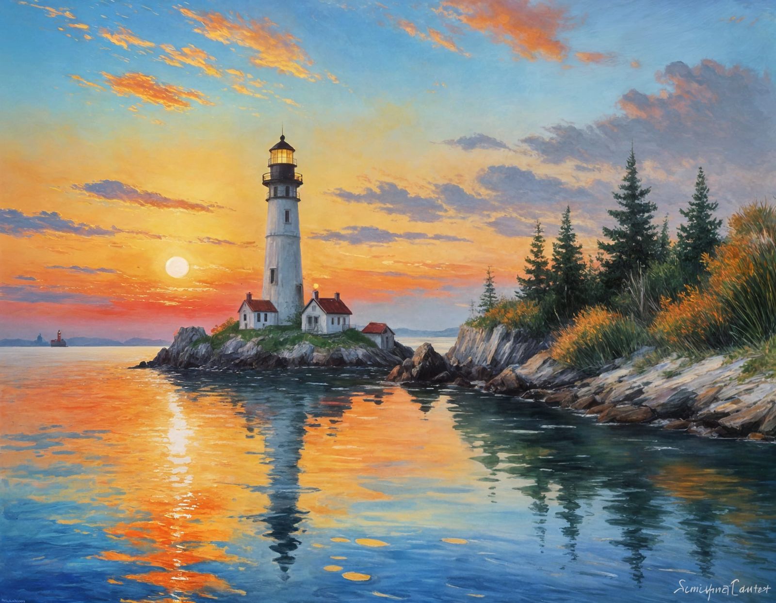 Lighthouse on a Serene Island at Sunset