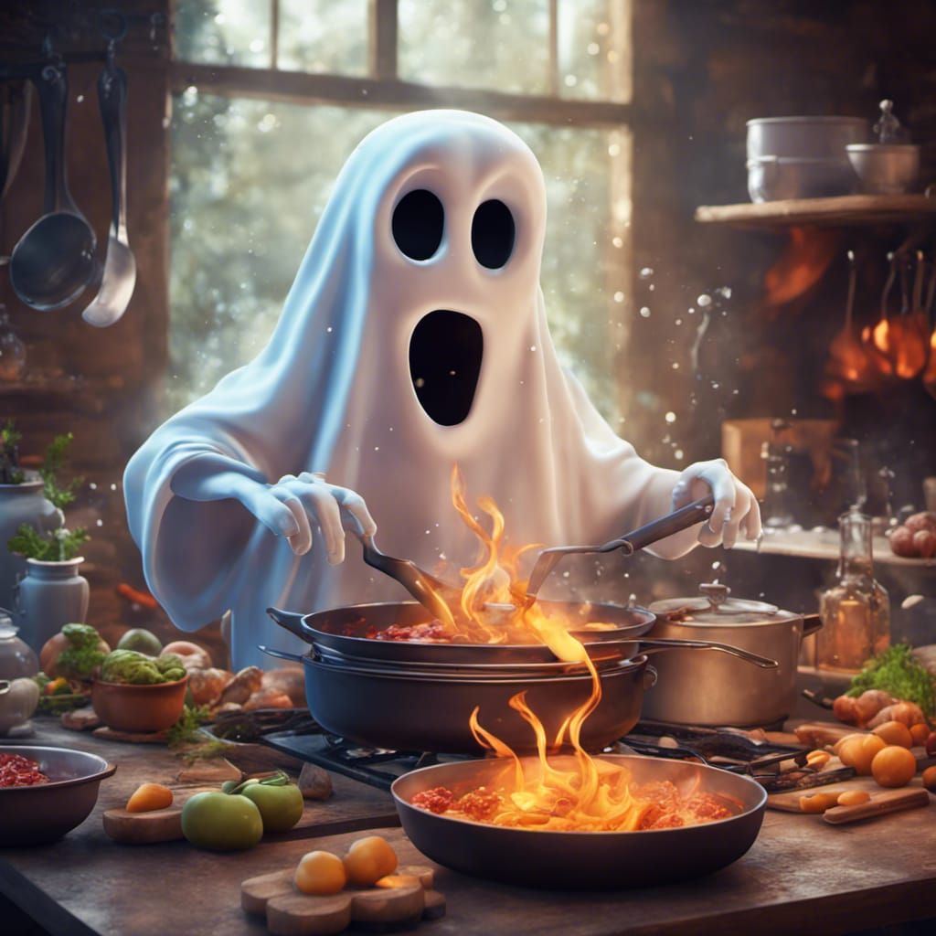 Cartoon Ghost Cooking: Detailed Fantasy Art