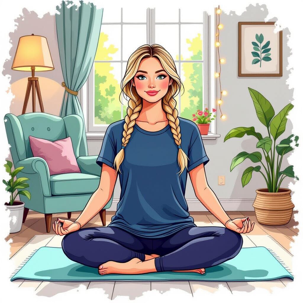 Cartoon Woman Doing Yoga in Whimsical Room