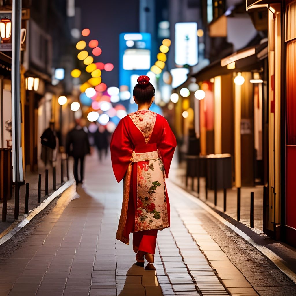 Geisha Walking on Night Street: Ukiyo-e Style