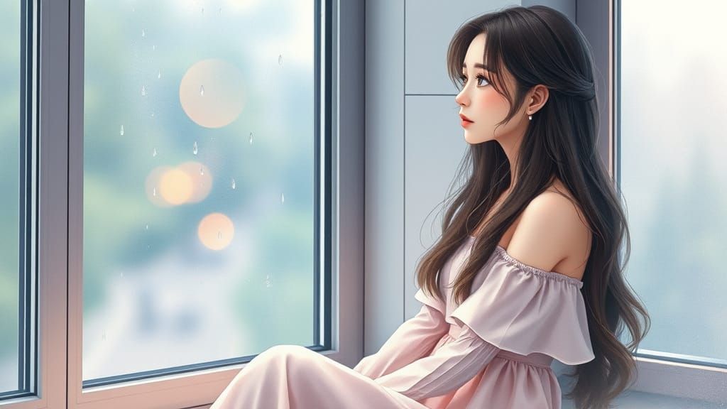 Woman in Pastel Dress by Window, Watercolor Style