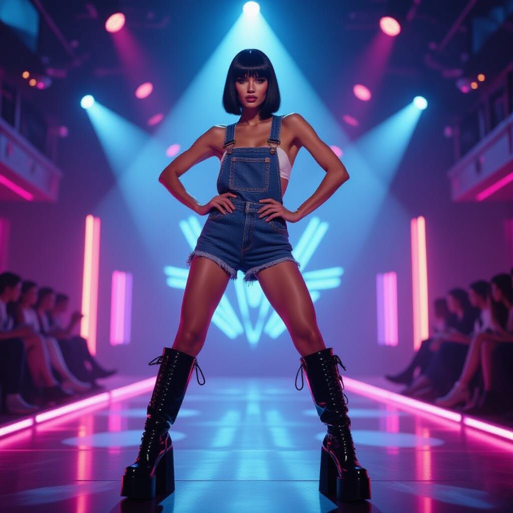 Fashion Model Poses on Neon Catwalk in Platform Boots