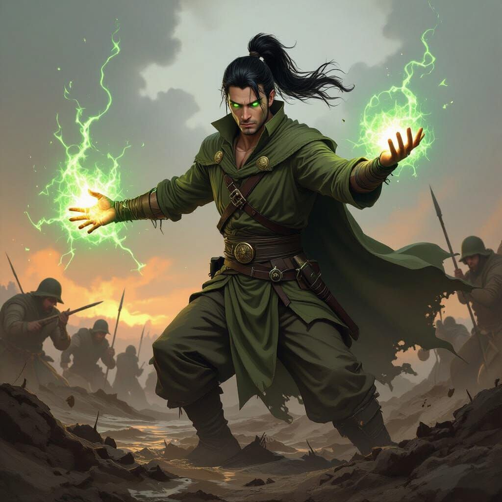 Wizard Warrior in Trenches, Gritty Concept Art Style