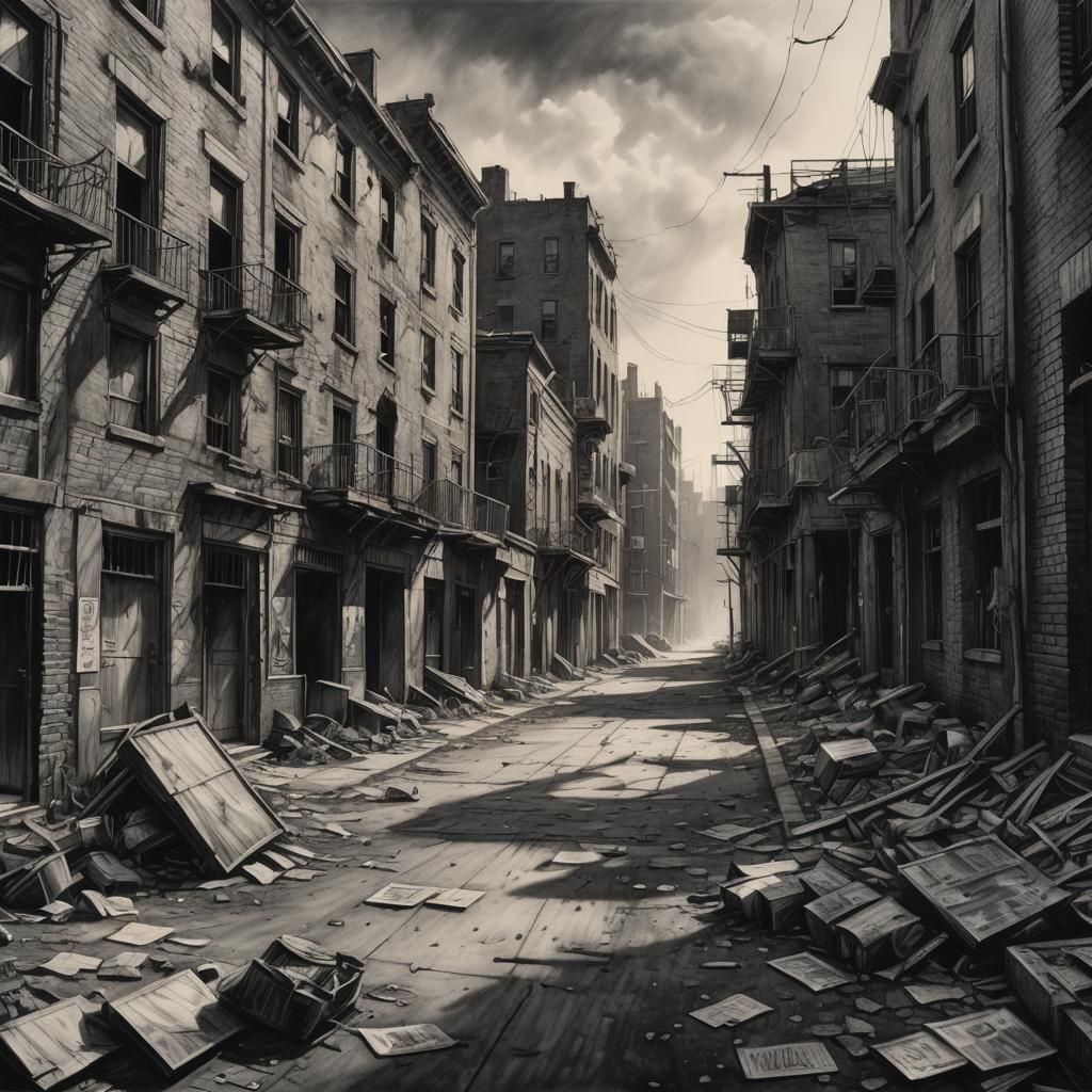Desolate Urban Landscape in Detailed Charcoal Drawing