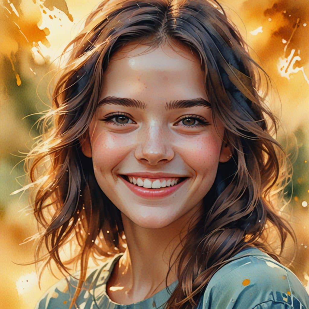 Dreamy Watercolor Portrait of a Smiling Girl