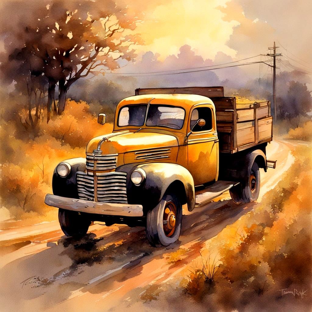 Vintage Truck Rolls Down a Dirt Road in Warm Golden Light