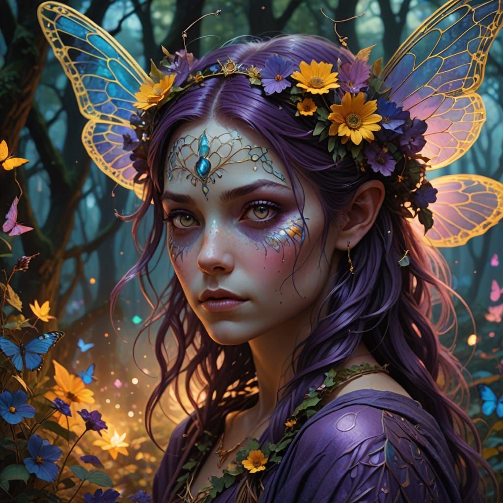 Vibrant, Hyperrealistic Faerie with Rich Plum-Purple Skin