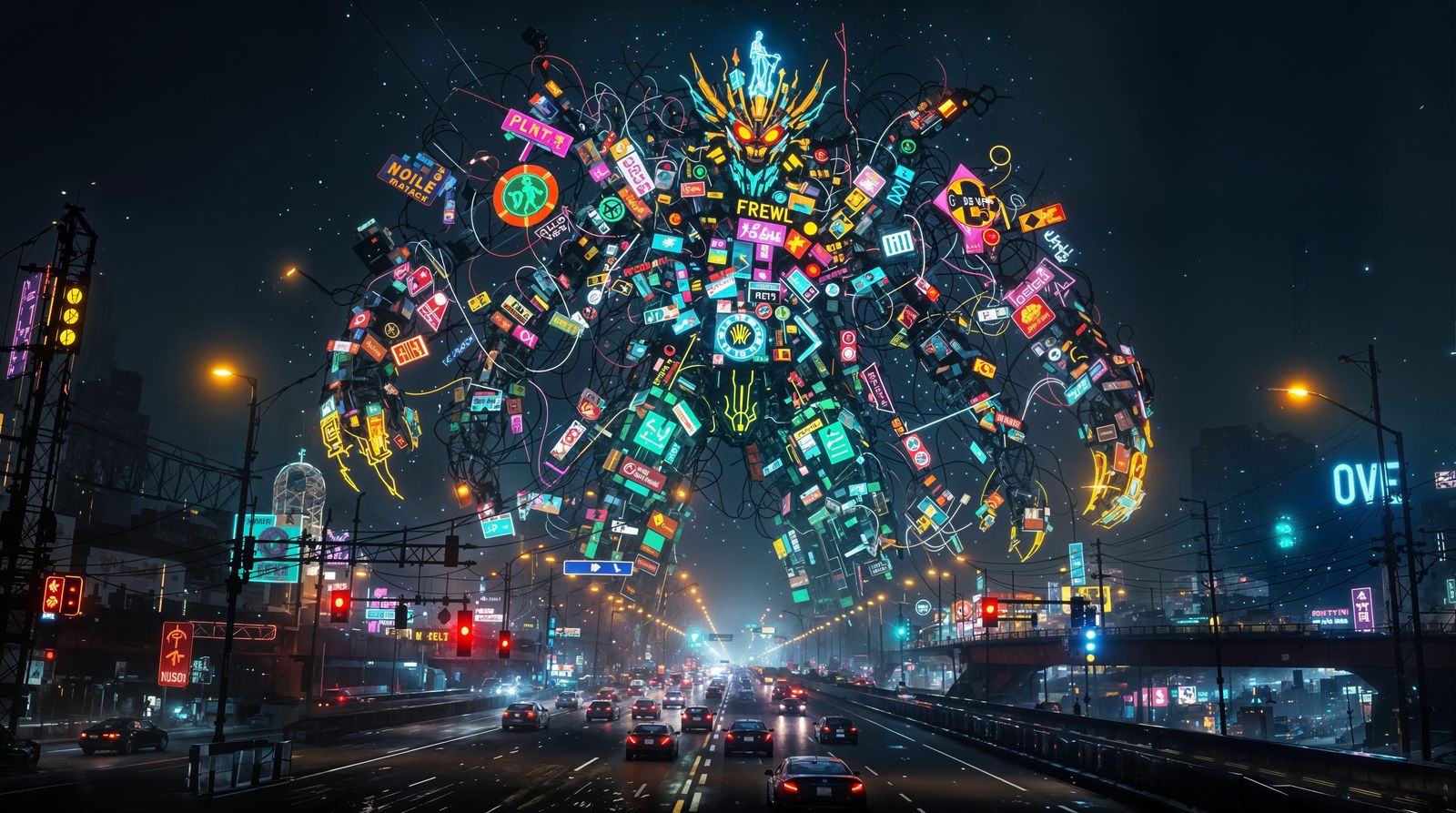 Cyberpunk God of Urban Chaos Illuminates the Night