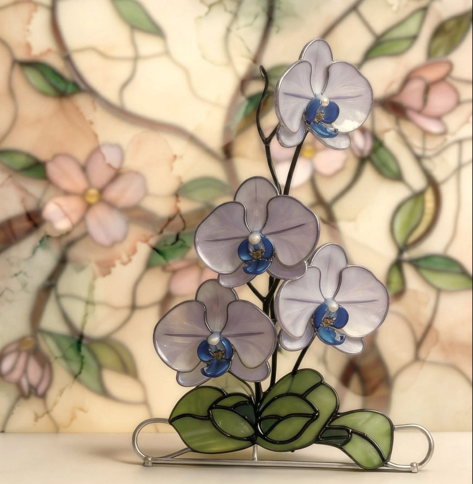 Stained Glass Orchid and Sakura Tree Art