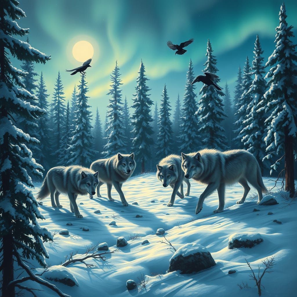 Wolves and Ravens Forage Together Under Aurora Borealis