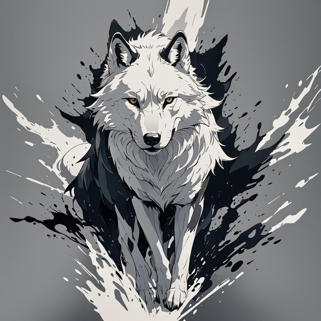 Half Black Half White Wolf in Anime Style