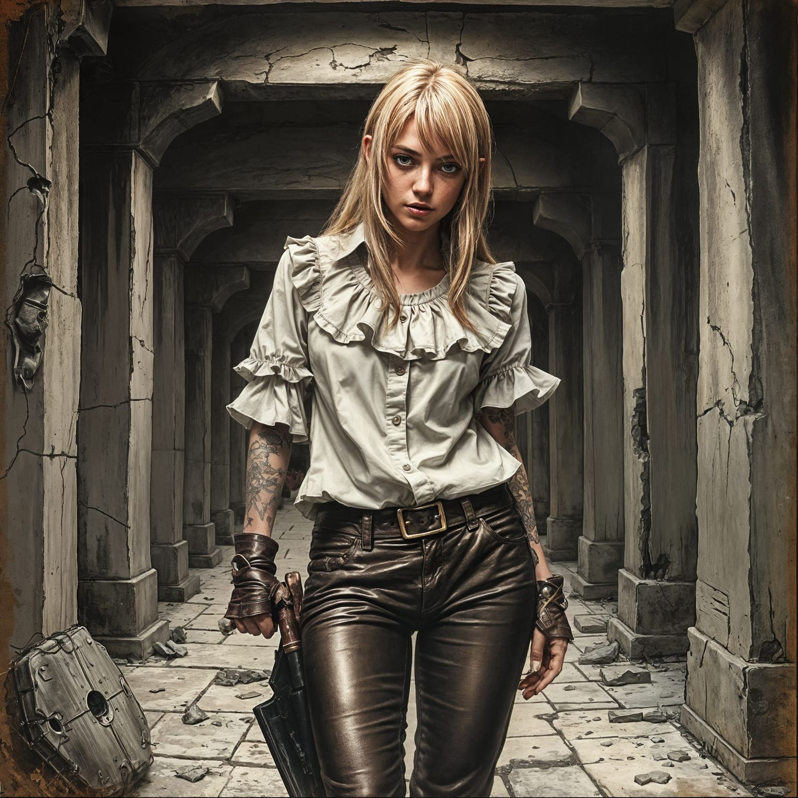 Fantasy Warrior in Crumbling Temple: Sepia Comic Art