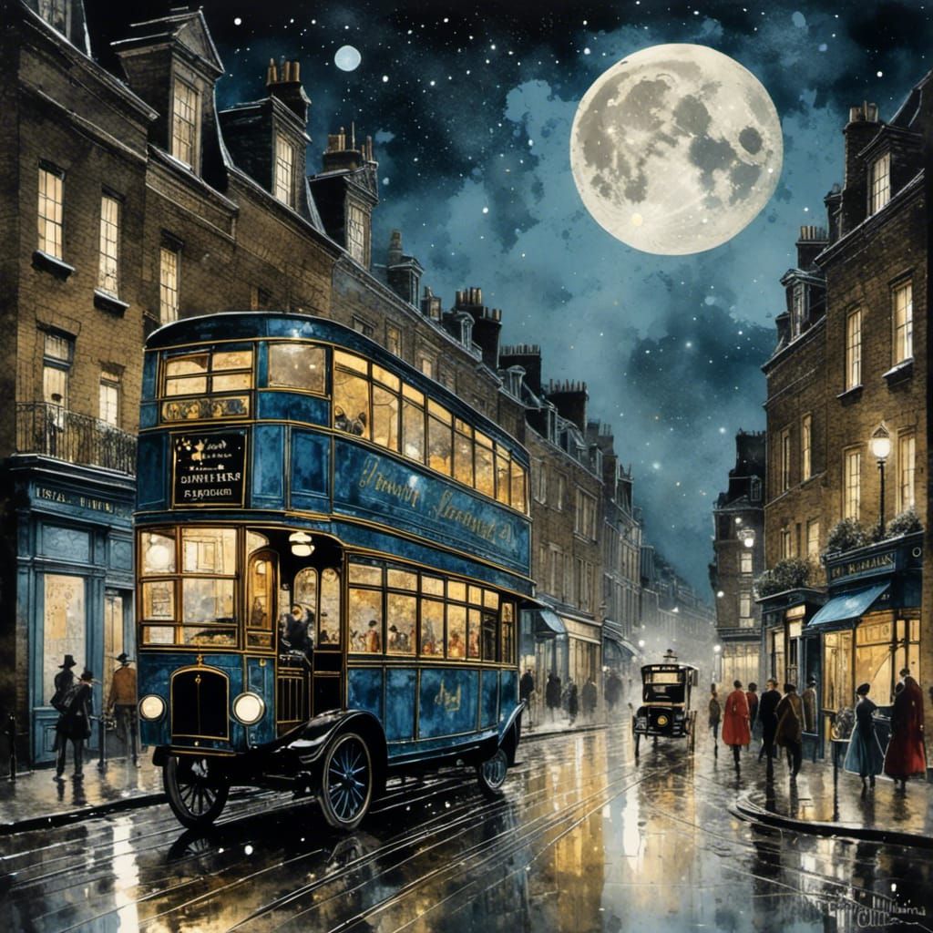 Victorian London Night Scene in Watercolor