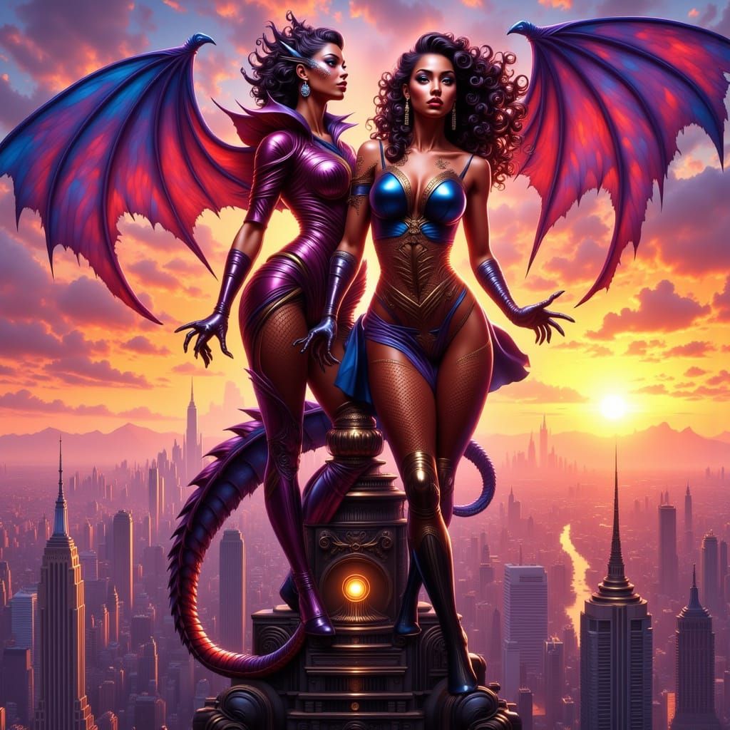 Spectacular Twin Superheroes Defy Gravity in Neon-Lit Citysc...