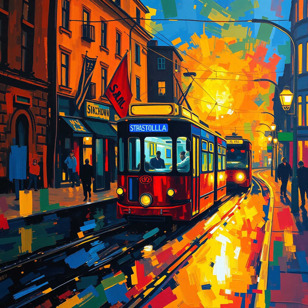 Stockholm Night Tram in Expressionist Style
