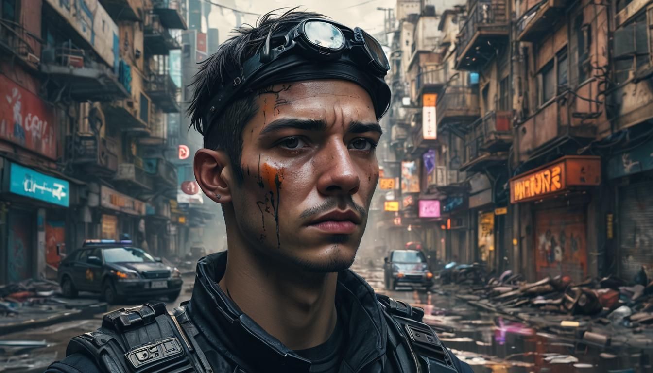 Cyberpunk Police in Wasteland: Surreal Double Exposure