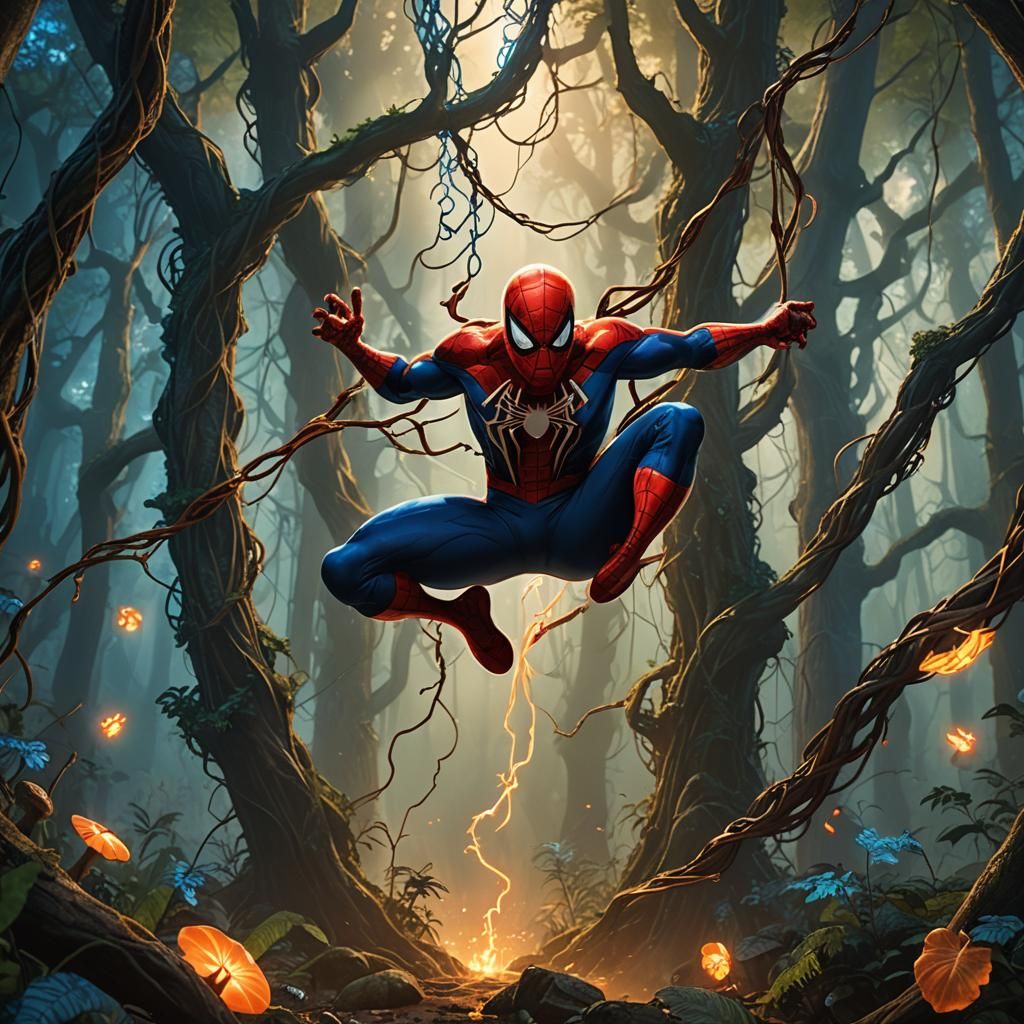 Spiderman Swings Through Mystical Glowing Forest