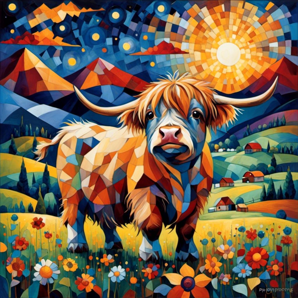Cubist Highland Cow on a Starry Night