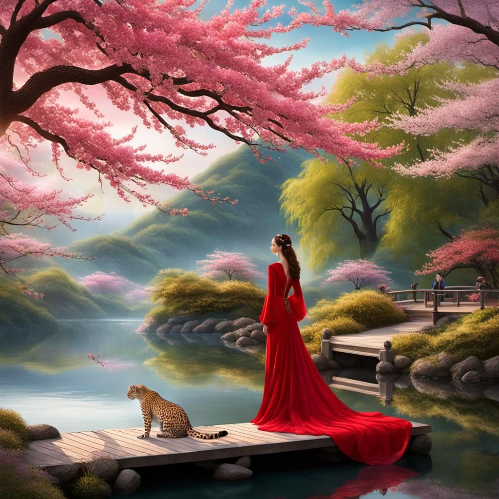 Woman in Red Gown with Leopard by Lake