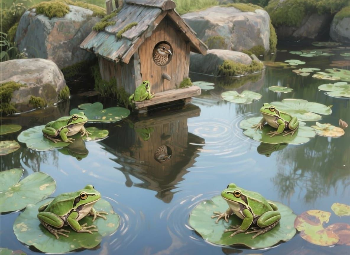 Frogs in Mirror Pond Reflecting Birdhouse