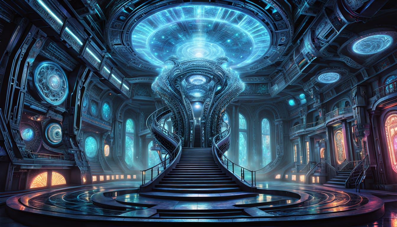 Cybernetic Woman Emerging from Mist in Steampunk Art Deco